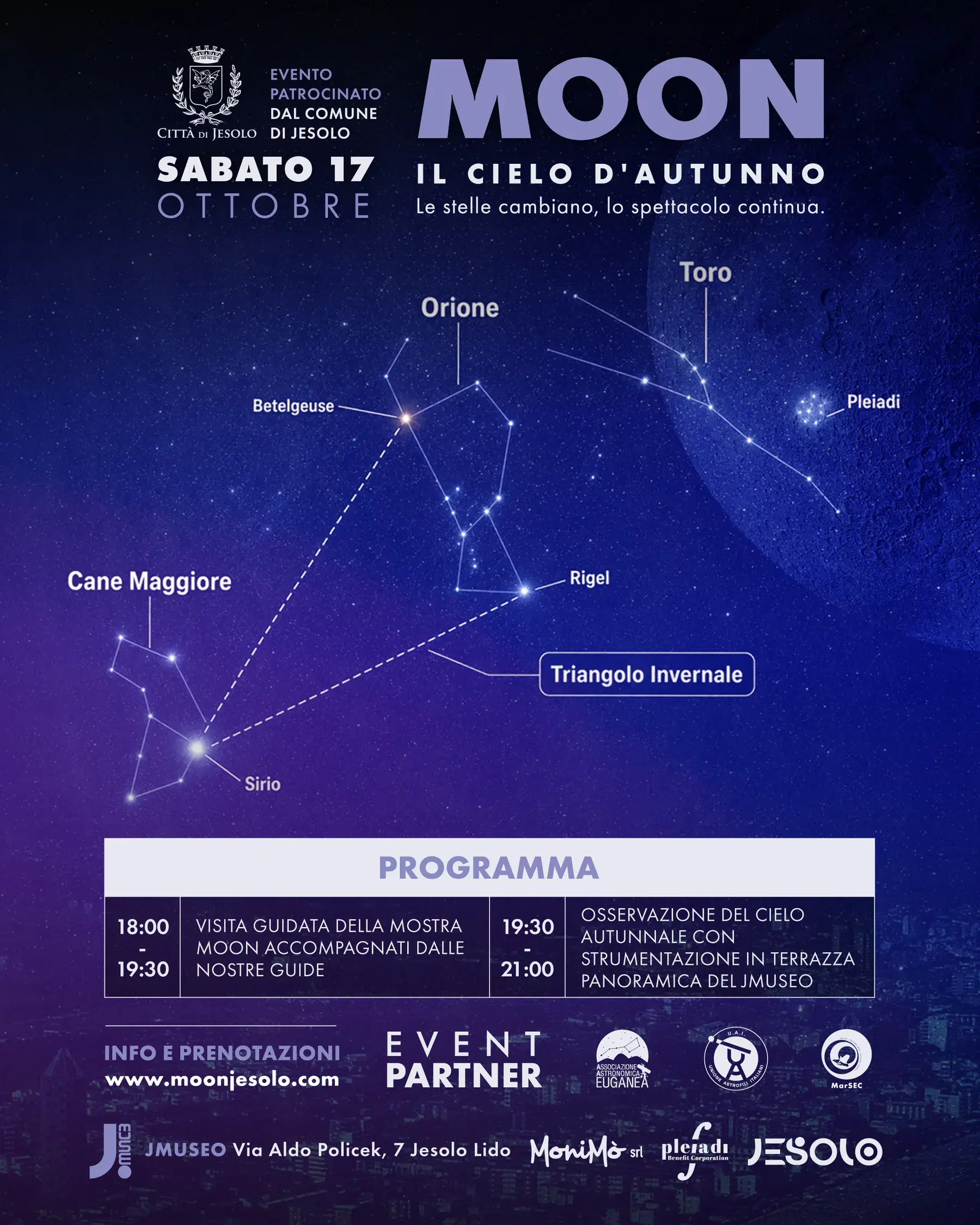 The poster for the evening of 17 October: a map of the sky with Orion, Taurus with the Pleiades, Canis Major and the Winter Triangle, and the evening's programme below