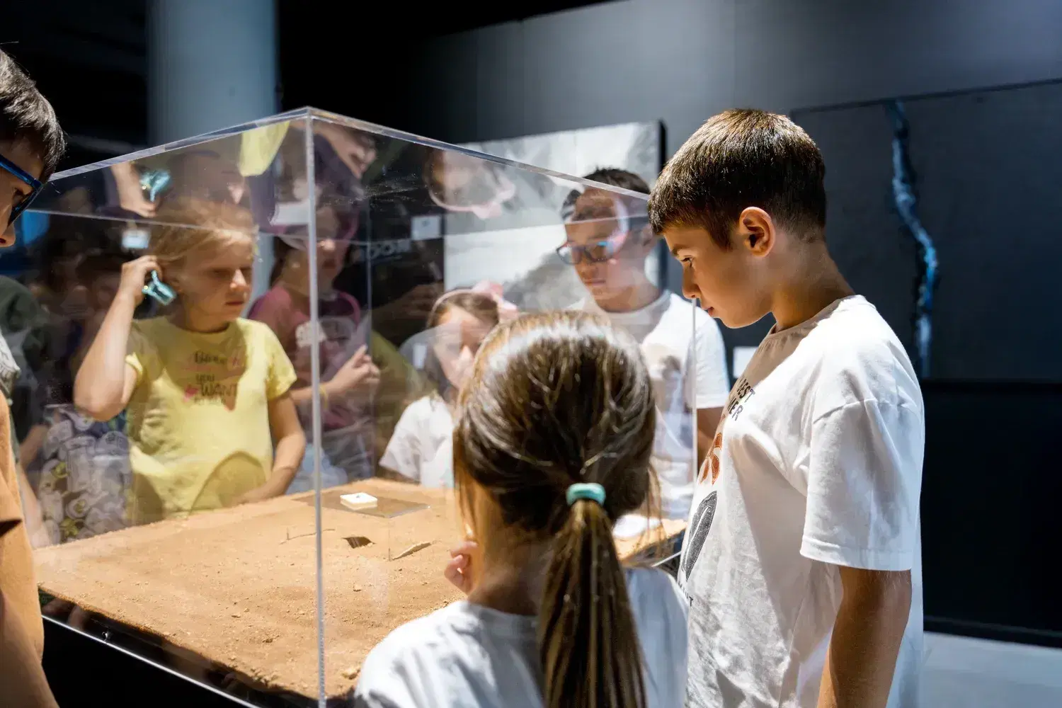 Children look closely at a case holding lunar material