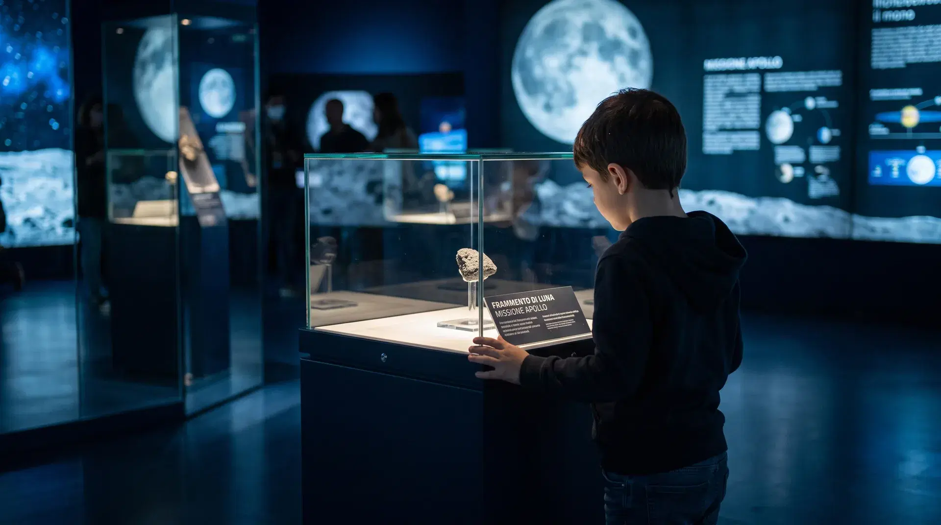 A child looks at the Moon fragment displayed in its case