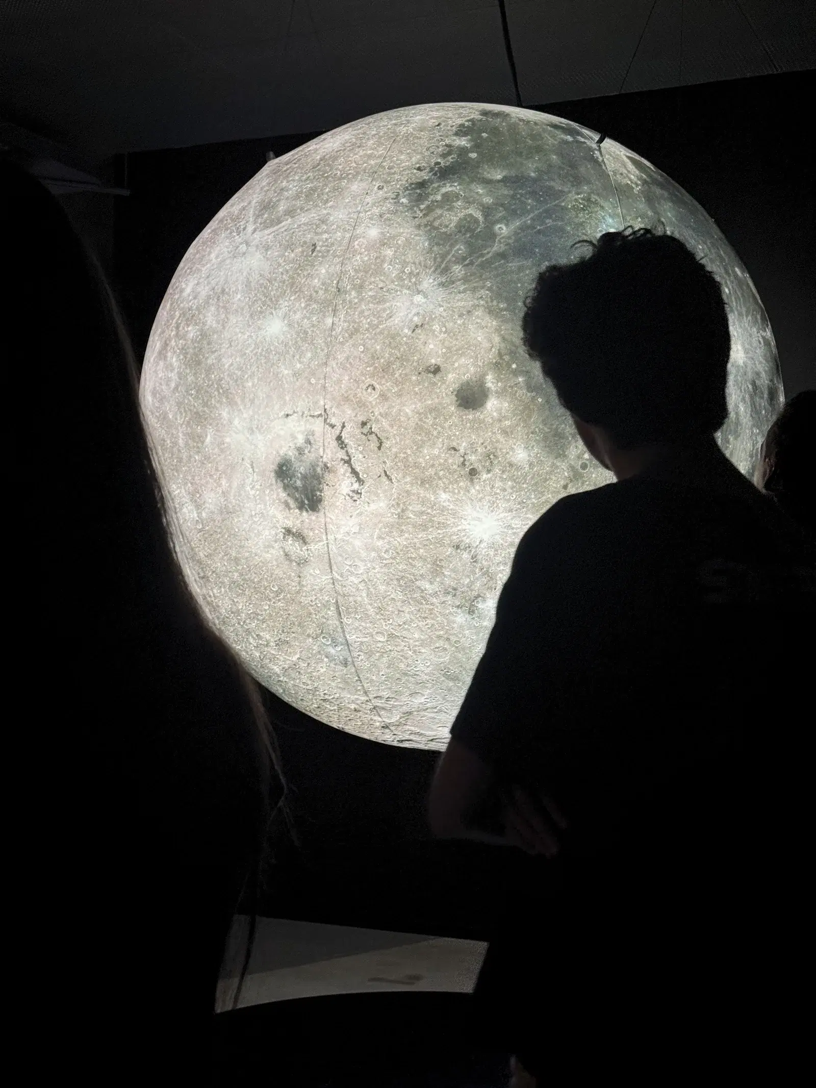 A visitor silhouetted against the large illuminated Moon of the Moon Theatre